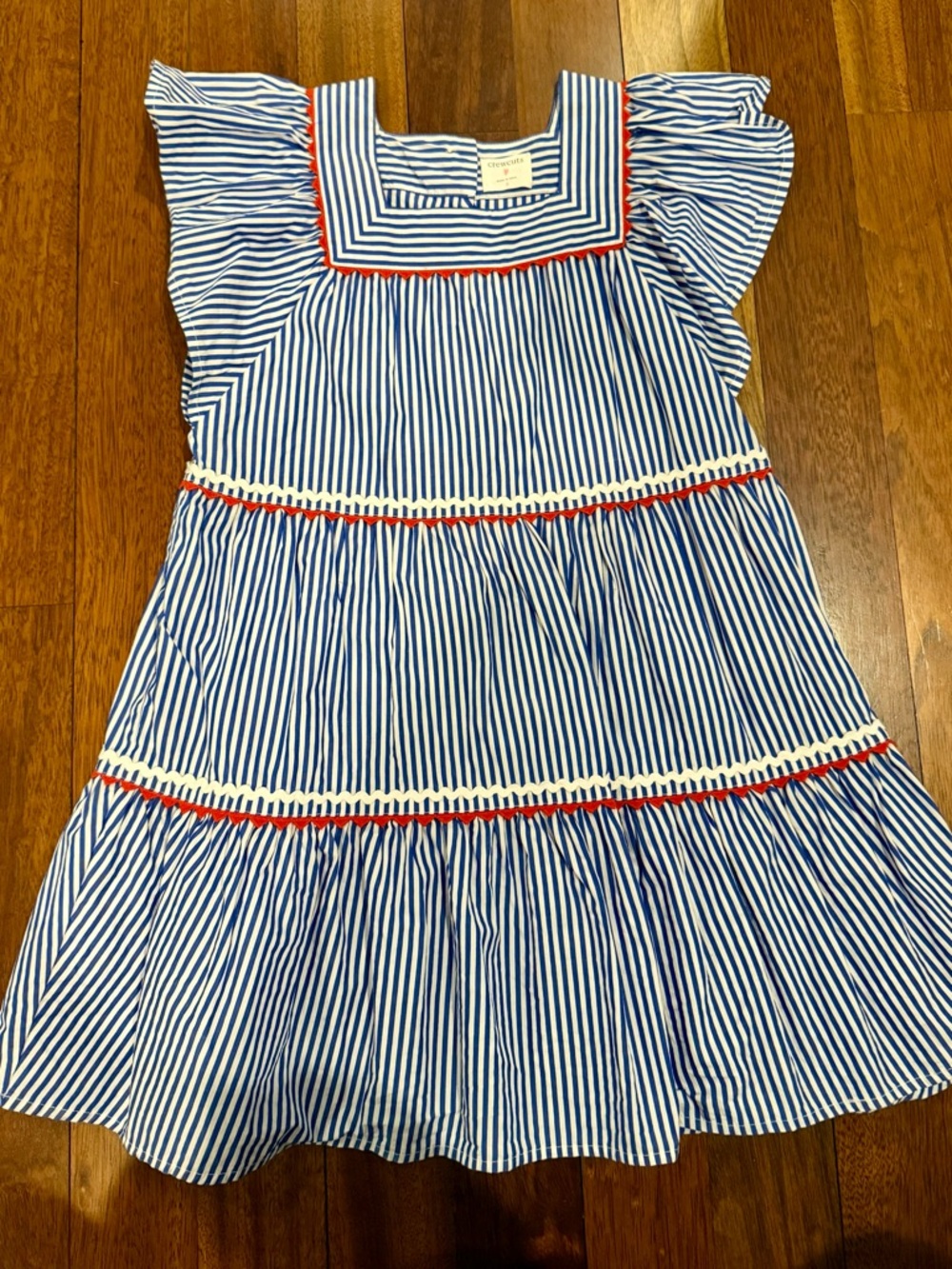 Crewcuts Blue and White Striped Tiered Dress with Red rickrack Trim Sz 8